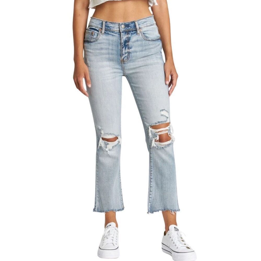 DAZE Denim Shy Girl High Rise Jeans 28 NWOT Jewel Crop Flare Distressed Raw Hem
